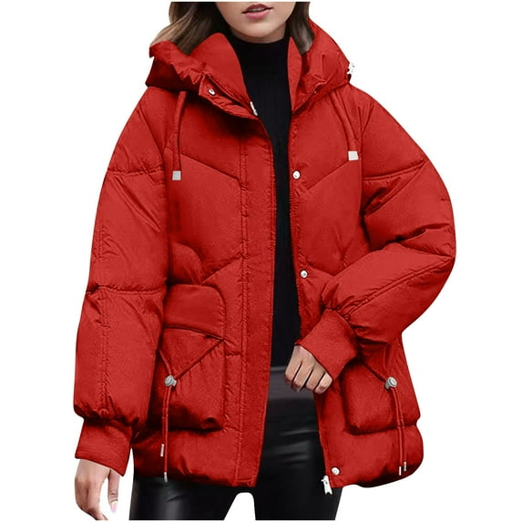 XFLWAM Women's Winter Thicken Puffer Coat Casual Quilted Jackets Warm Padded Down Hood Winter Outerwear Red M
