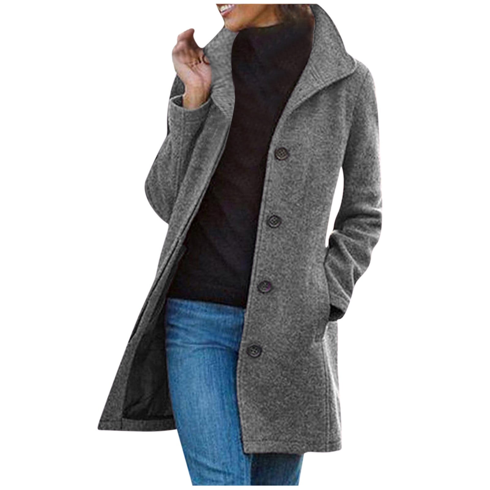 Women Grey Vintage Long Wool Swing Coat Double Breasted Custom 