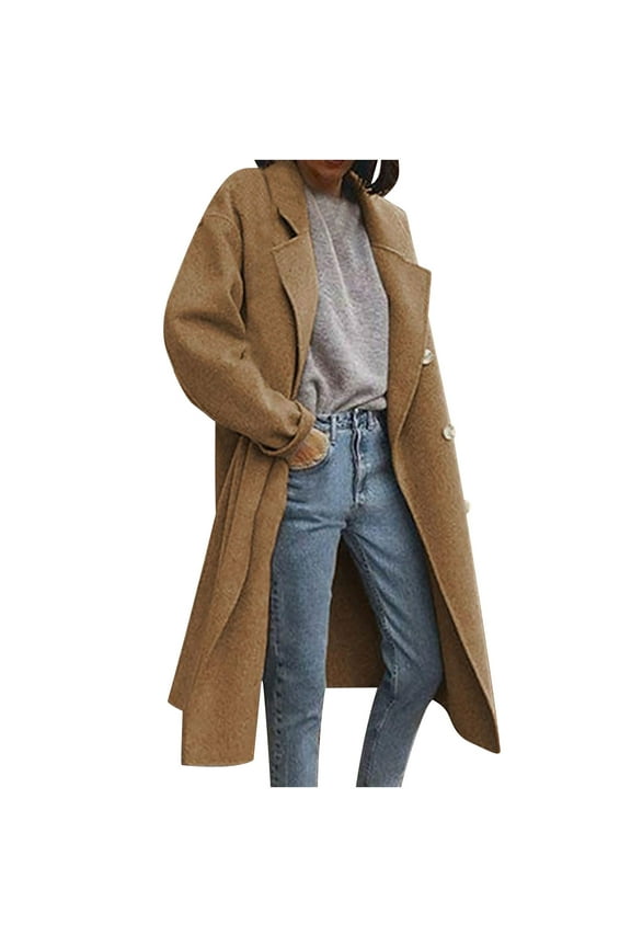 Women's Wool Blend Coat Oversized Double Breasted Long Trench Overcoat Fall Winter Loose Fit Outerwear with Pockets Brown M
