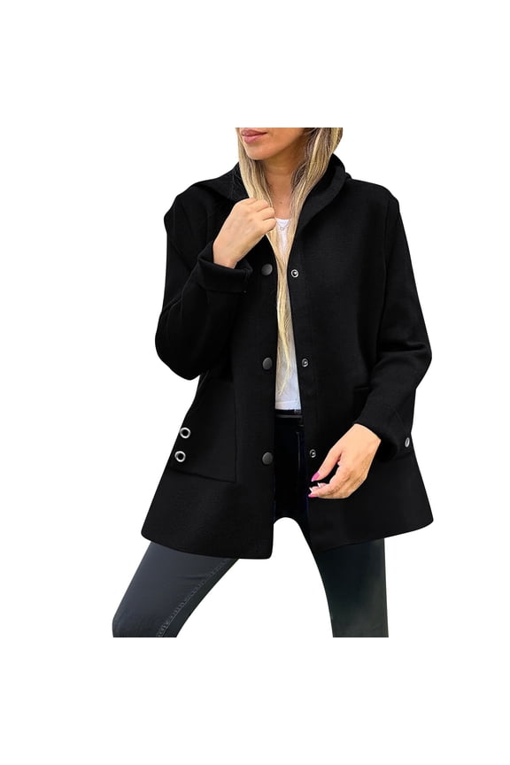 Women's Wool Blend Overcoat Long Sleeve Single Breasted Trench Coat Fall Winter Hooded Jacket Outwear with Pockets Black XL