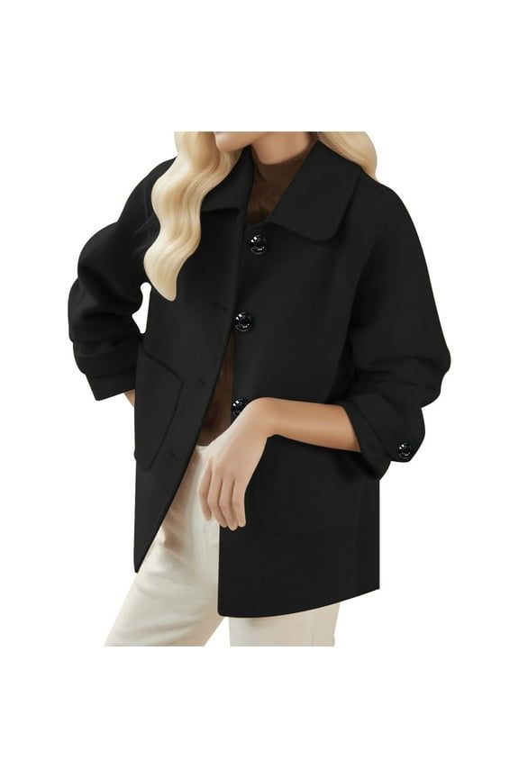Women's Wool Blend Pea Coat Single Breasted Open Front Trench Coat Outerwear Lapel Long Sleeve Cardigan Jacket with Pockets Black XXL