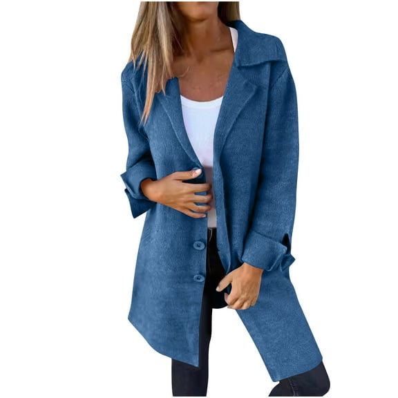 XFLWAM Women's Wool Blend Pea Coats Overcoats Lapel Notched Double Breasted Coats Casual Long Fall Winter Trench Coat Blue 4XL