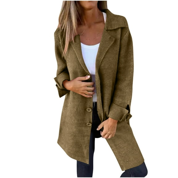 XFLWAM Women's Wool Blend Pea Coats Overcoats Lapel Notched Double Breasted Coats Casual Long Fall Winter Trench Coat Coffee L