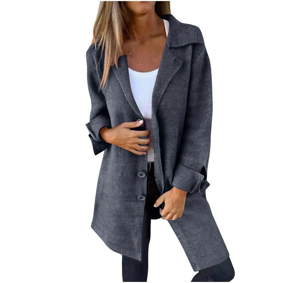 XFLWAM Women's Wool Blend Pea Coats Overcoats Lapel Notched Double Breasted Coats Casual Long Fall Winter Trench Coat Dark Gray 4XL