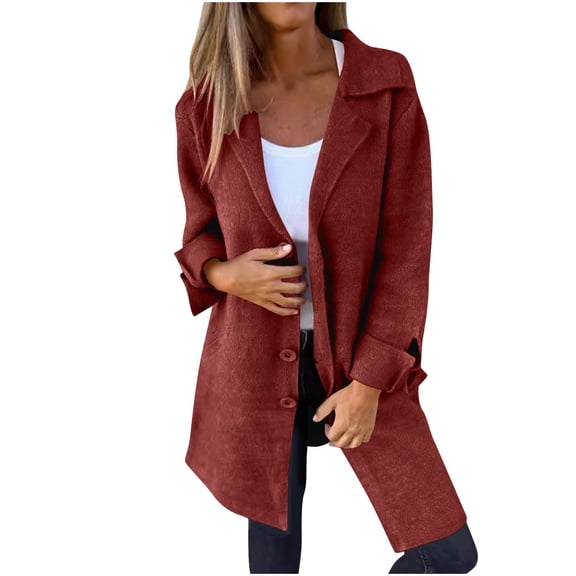 XFLWAM Women's Wool Blend Pea Coats Overcoats Lapel Notched Double Breasted Coats Casual Long Fall Winter Trench Coat Red 3XL
