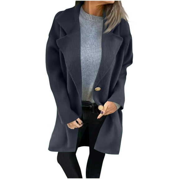 XFLWAM Women's Wool Blend Winter Coat with Pockets Mid Long Open Front Warm Jacket Coat Lapel Collar Thick Wool Pea Coats XXL