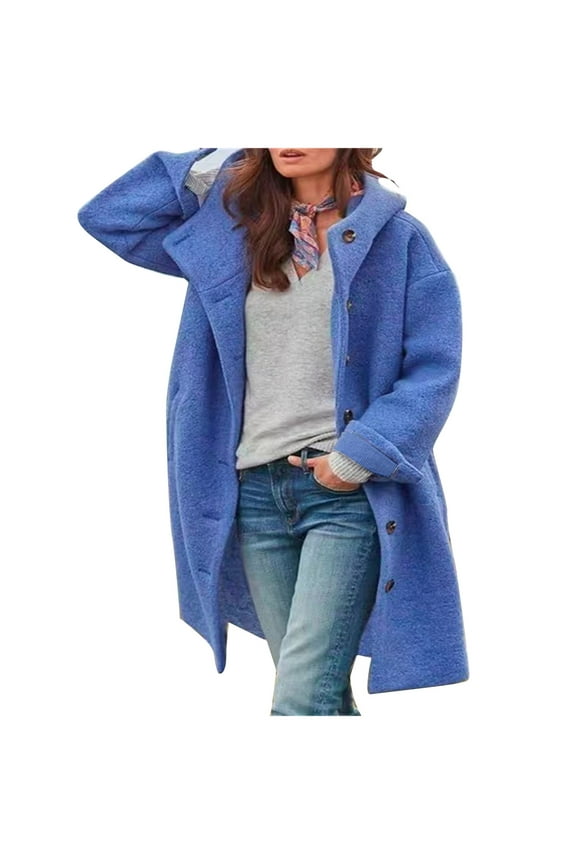 Women's Woolen Coat Winter Cozy Lightweight Wool Mid-Length Hooded Jacket Casual Solid Button Loose Outwear with Pocket Blue S
