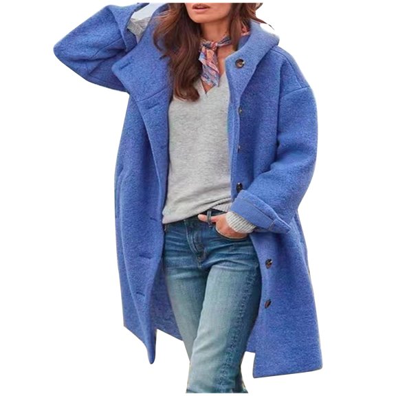 XFLWAM Women's Woolen Coat Winter Cozy Lightweight Wool Mid-Length Hooded Jacket Casual Solid Button Loose Outwear with Pocket Blue XL
