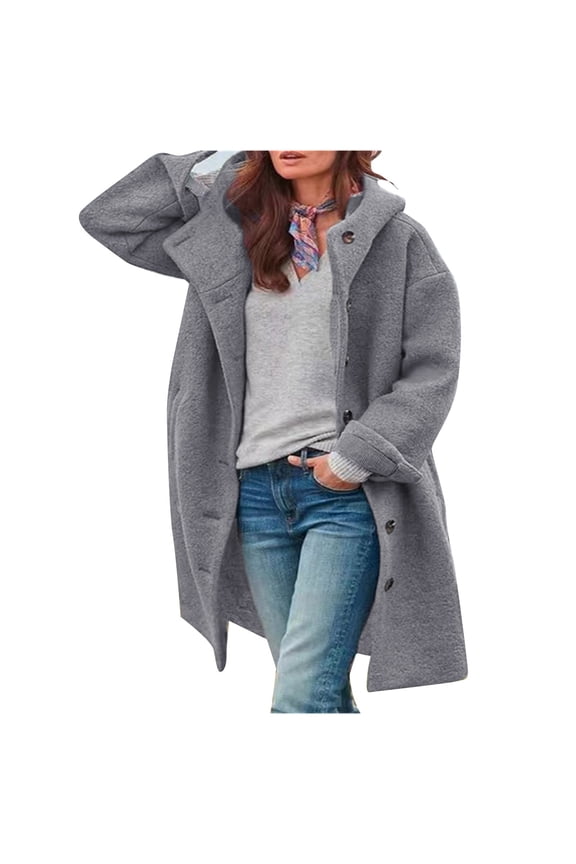 Women's Woolen Coat Winter Cozy Lightweight Wool Mid-Length Hooded Jacket Casual Solid Button Loose Outwear with Pocket Gray XL
