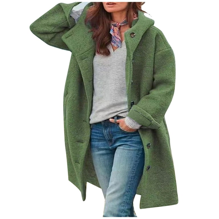 XFLWAM Women s Woolen Coat Winter Cozy Lightweight Wool Mid Length Hooded Jacket Casual Solid Button Loose Outwear with Pocket Green S