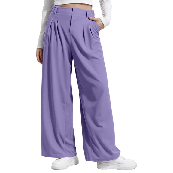 XFLWAM Women's Work Slacks Wide Leg Elastic High Waisted Waffle Knit Palazzo Pants Casual Business Dress Trousers with Pockets Purple XS