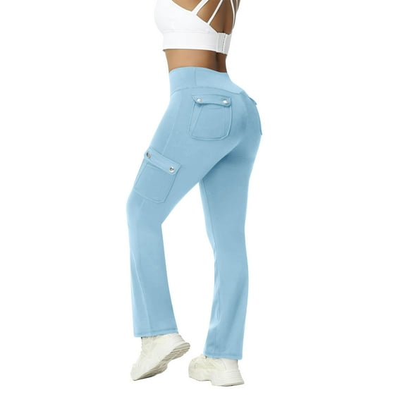 XFLWAM Women's Workout Leggings with Pockets Stretchy High Waisted Cargo Pants Gym Yoga No Front Seam Leggings Light Blue L