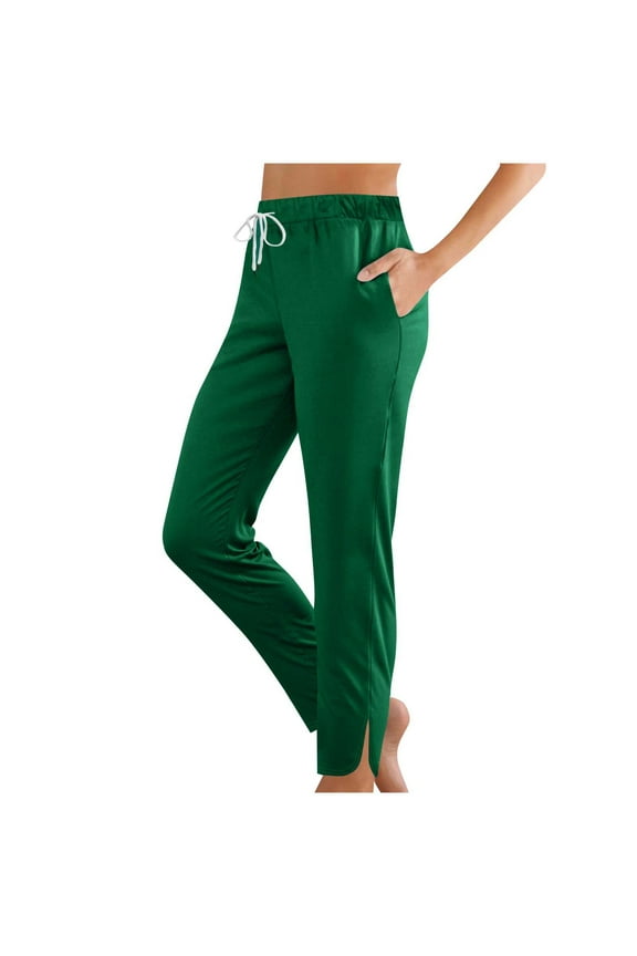 Women's Workout Pants Casual Drawstring High Waist Straight Leg Pants Side Slit Lightweight Lounge Trousers with Pockets Green XL