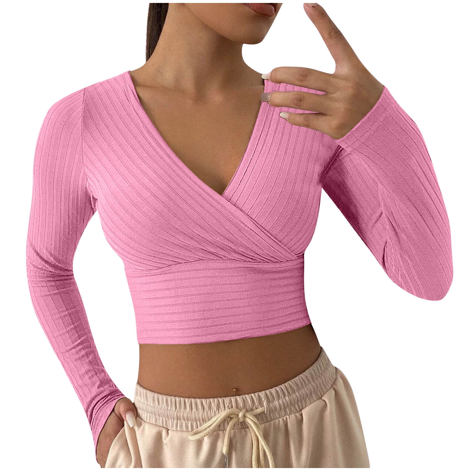 XFLWAM Women's Wrap V Neck Long Sleeve Crop Top Solid Color