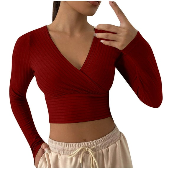 XFLWAM Women's Wrap V Neck Long Sleeve Crop Top Solid Color Rib Knit Slim Sexy T-Shirt Blouse Red M