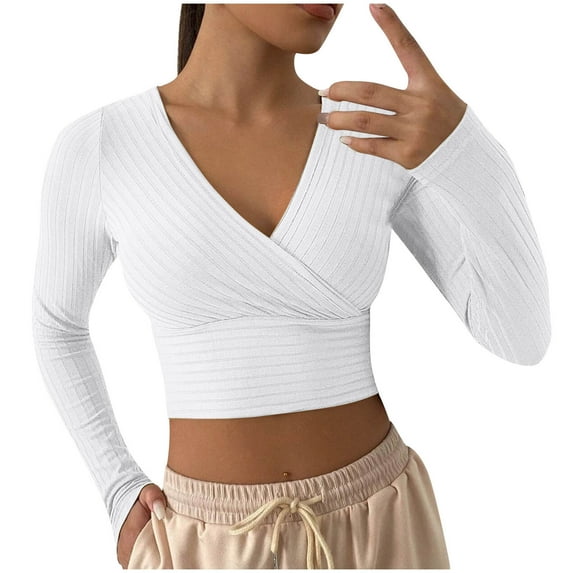 XFLWAM Women's Wrap V Neck Long Sleeve Crop Top Solid Color Rib Knit Slim Sexy T-Shirt Blouse White L