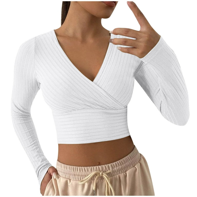 XFLWAM Women's Wrap V Neck Long Sleeve Crop Top Solid Color Rib Knit Slim  Sexy T-Shirt Blouse White S 