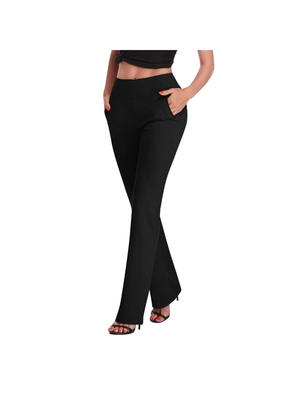 Women's Yoga Dress Pants Stretchy Work Slacks Business Casual Straight Leg/Bootcut Pull on Trousers with Pockets Black L