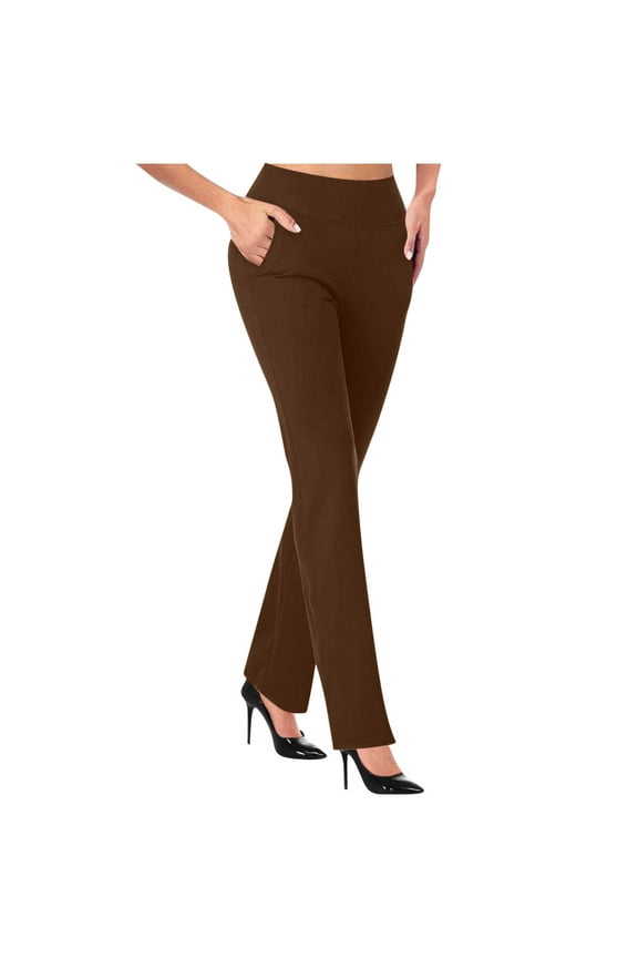 Women's Yoga Dress Pants Stretchy Work Slacks Business Casual Straight Leg/Bootcut Pull on Trousers with Pockets Brown S