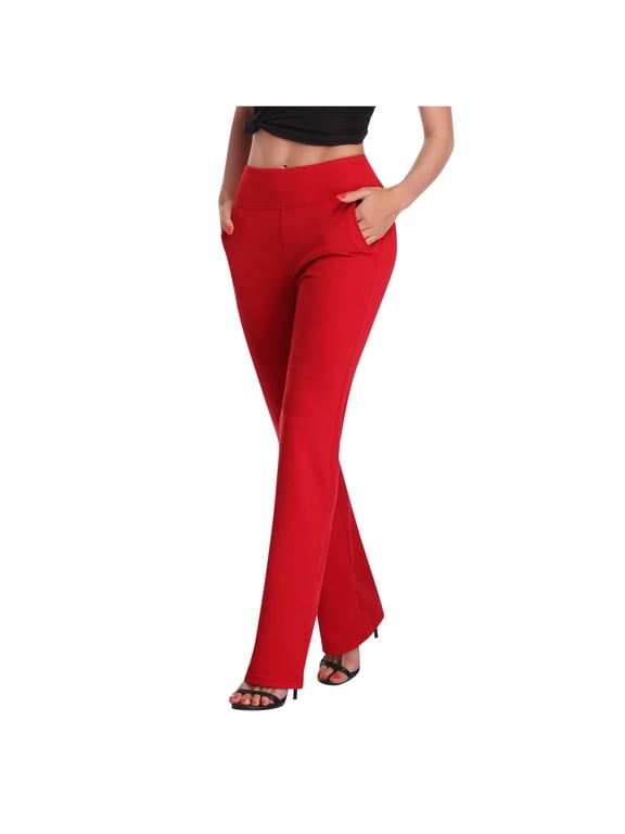 Women's Yoga Dress Pants Stretchy Work Slacks Business Casual Straight Leg/Bootcut Pull on Trousers with Pockets Red S