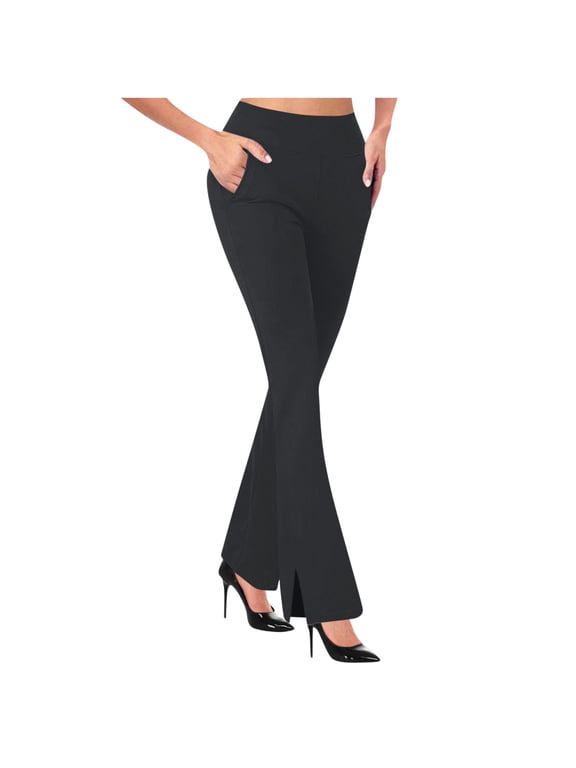 Women's Yoga Dress Pants Stretchy Work Slacks Business Casual Straight Leg Side Slit Trousers Black L