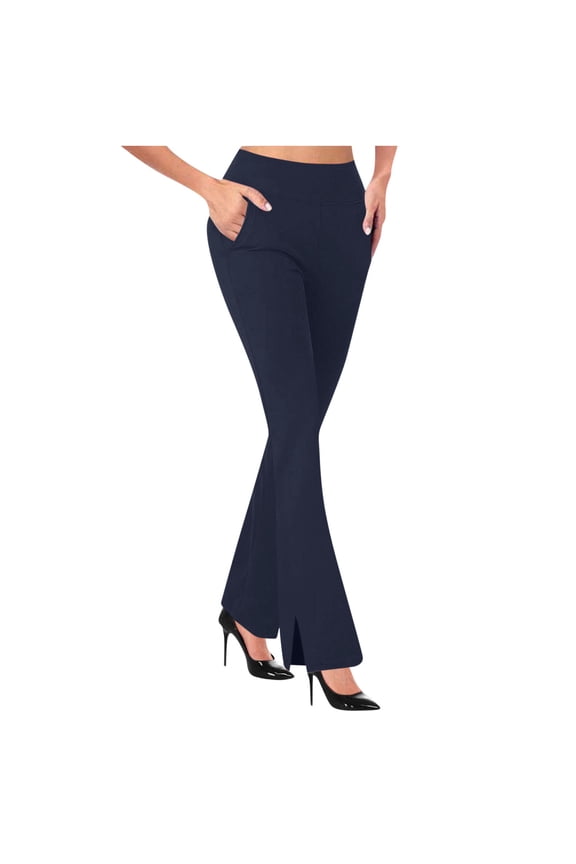 Women's Yoga Dress Pants Stretchy Work Slacks Business Casual Straight Leg Side Slit Trousers Dark Blue XL