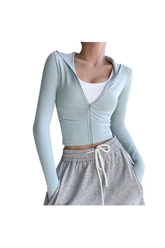Women's Yoga Running Cropped Jacket Long Sleeve Full Zip Crop Tops with Hoodie Ribbed Slim Fit Activewear Blue L
