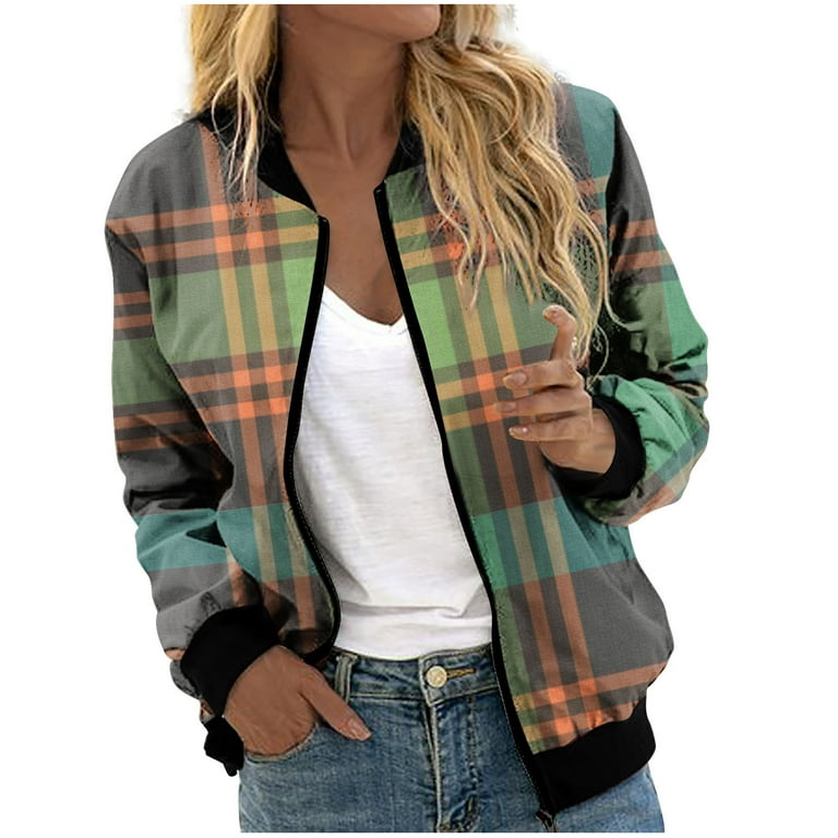 XFLWAM Women s Zip Front Plaid Print Long Sleeve Stand Collar