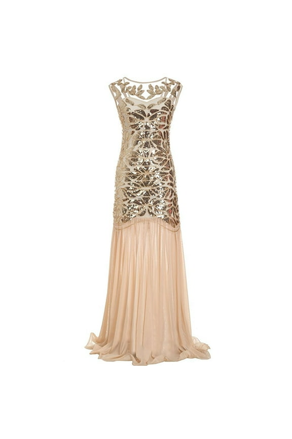 Womens 1920s Vintage Dress Sequins Long Flapper Mermaid Hem Cocktail Party Dress Formal Wedding Evening Maxi Gown Dresses Beige L