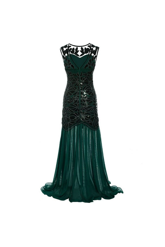Womens 1920s Vintage Dress Sequins Long Flapper Mermaid Hem Cocktail Party Dress Formal Wedding Evening Maxi Gown Dresses Green L