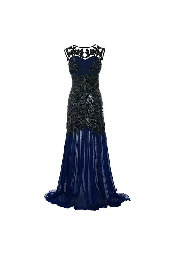 Womens 1920s Vintage Dress Sequins Long Flapper Mermaid Hem Cocktail Party Dress Formal Wedding Evening Maxi Gown Dresses Navy Blue XXL