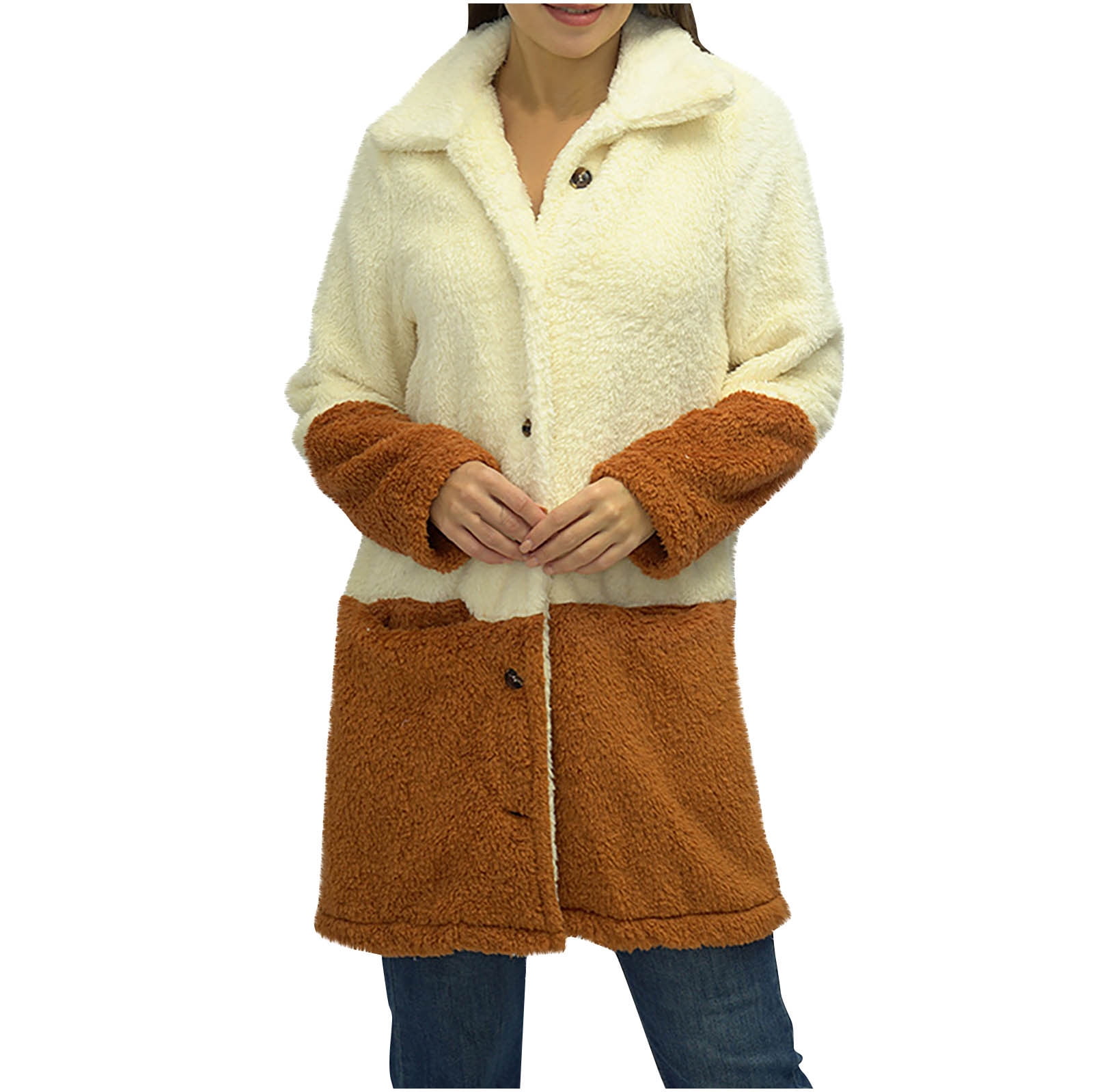 XFLWAM Womens 2022 Winter Fleece Sherpa Jacket with Pockets Outerwear  Turndown Collar Color Block Button Down Coats Brown XL 