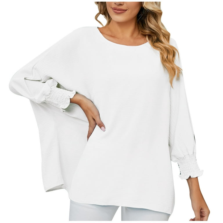 XFLWAM Womens 2023 Summer Long Sleeve Ruffle Bubble Sleeve Shirts Solid  Color Casual Loose Tops and Blouses White XXL
