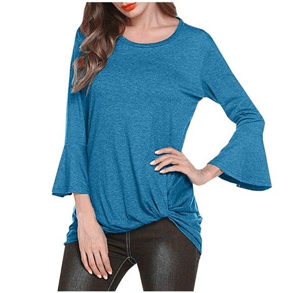XFLWAM Womens 3/4 Length Sleeve Tops Tunic Tops Casual Flare Sleeve Loose Fit Pullover Crewneck Blouses Solid Color Basic Tees Blue XL