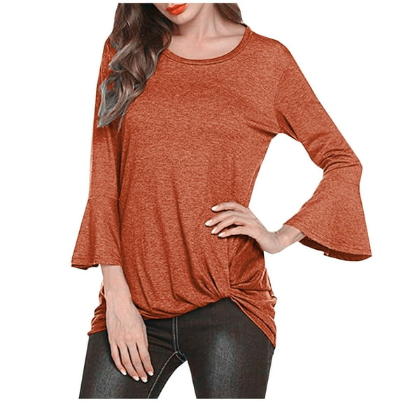 XFLWAM Womens 3/4 Length Sleeve Tops Tunic Tops Casual Flare Sleeve Loose Fit Pullover Crewneck Blouses Solid Color Basic Tees Red L