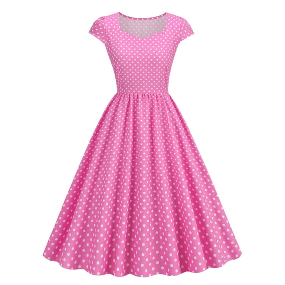 XFLWAM Womens 50s 60s Vintage Dress 1950s Retro Rockabilly Audrey Hepburn Cocktail Party Dresses Polka Dot A-Line Swing Dress Pink M