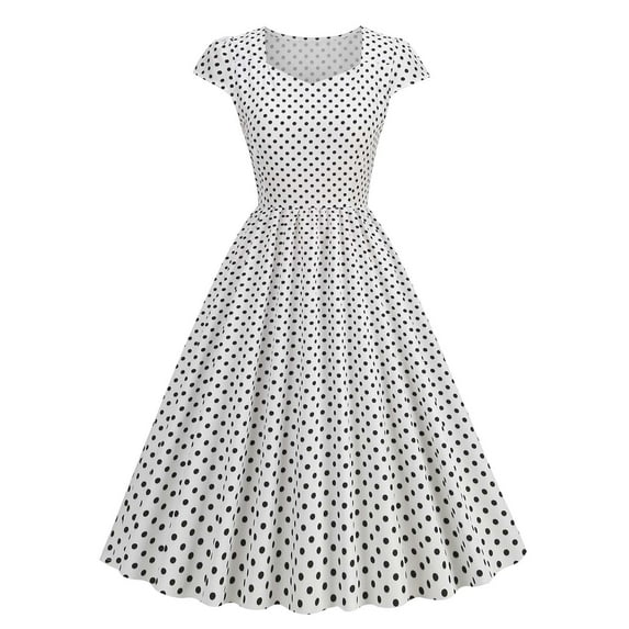 XFLWAM Womens 50s 60s Vintage Dress 1950s Retro Rockabilly Audrey Hepburn Cocktail Party Dresses Polka Dot A-Line Swing Dress White L
