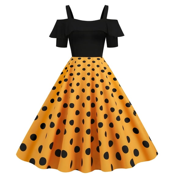 XFLWAM Womens 50s 60s Vintage Dress Cold Shoulder Short Sleeve Ruffle Polka Dot Dresses Retro Rockabilly A-Line Swing Cocktail Party Dress Yellow S