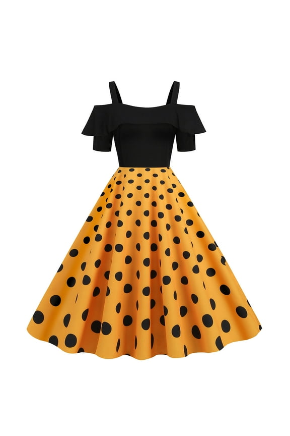 Womens 50s 60s Vintage Dress Cold Shoulder Short Sleeve Ruffle Polka Dot Dresses Retro Rockabilly A-Line Swing Cocktail Party Dress Yellow S