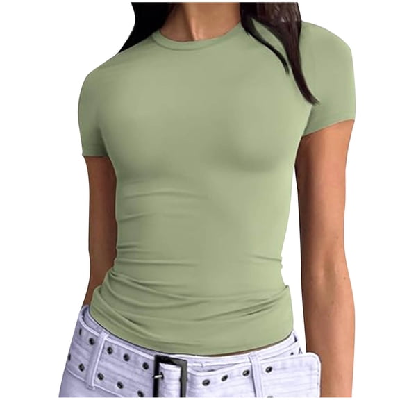 XFLWAM Womens Basic T Shirts Summer Tops Short Sleeve Crop Tops Slim Fit Gym Workout Y2k Clothes