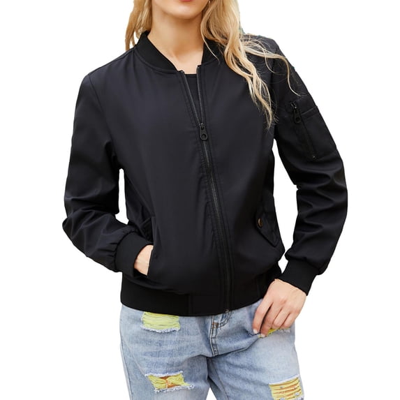 XFLWAM Womens Bomber Jacket Fall Casual Jackets Lightweight Zip Up Jacket Coat Windbreaker Outwear with Pockets Black M