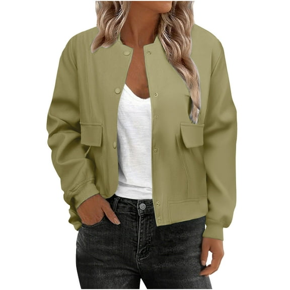 XFLWAM Womens Bomber Jacket Long Sleeve Button Down Varsity Jackets Fall Winter Casual Lightweight Shackets With Pockets Outwear Green L