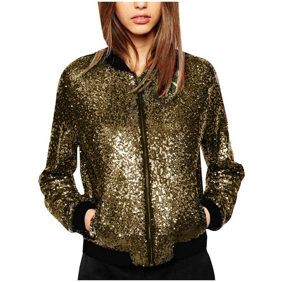 XFLWAM Womens Bomber Jacket Sparkly Sequin Fitted Zip up Front Blazer Long Sleeve Casual Glitter Fall Winter Cute Outwear Gold XL