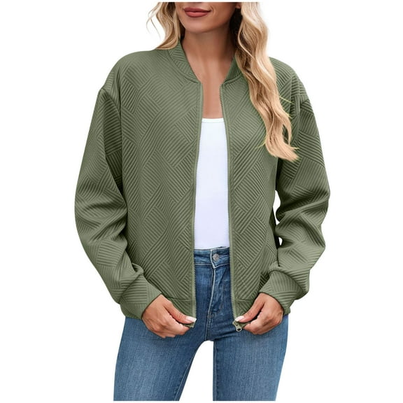 XFLWAM Womens Bomber Jacket Zip Up Textured Long Sleeve Casual Jackets Lightweight Trendy Outerwear Coat with Pockets Army Green L