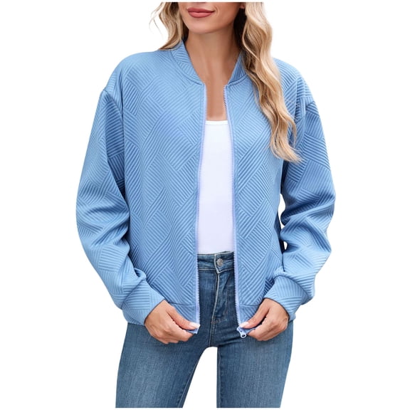 XFLWAM Womens Bomber Jacket Zip Up Textured Long Sleeve Casual Jackets Lightweight Trendy Outerwear Coat with Pockets Blue L