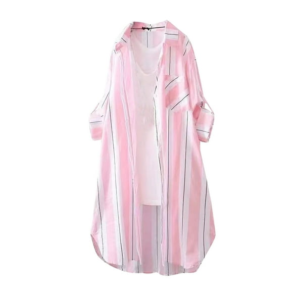 XFLWAM Womens Button Down Shacket Oversized Midi Shirt Jacket 3/4 Length Sleeve Casual Dressy Lapel Loose Fit Blouse Pink L