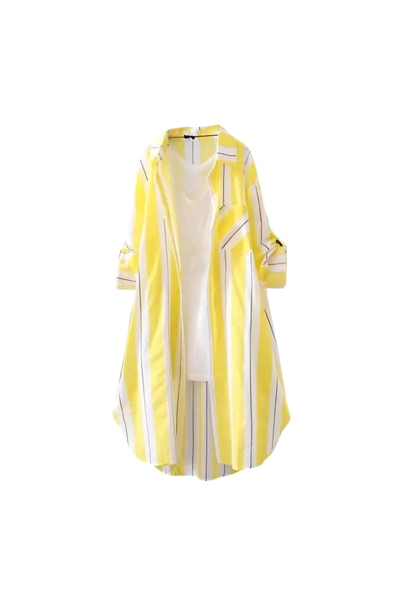Womens Button Down Shacket Oversized Midi Shirt Jacket 3/4 Length Sleeve Casual Dressy Lapel Loose Fit Blouse Yellow XXL