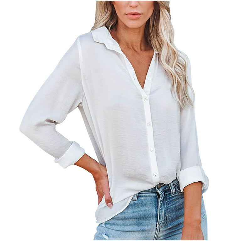 XFLWAM Womens Button Down Shirts Lapel V Neck Long Sleeve Office Blouses  Casual Business Solid Color Rolled Sleeve Tops White L 