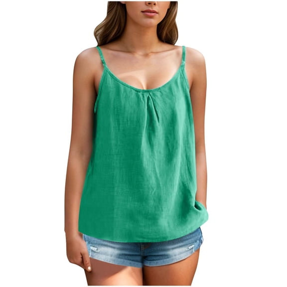 XFLWAM Womens Camisole Tank Tops Causal Crew Neck Sleeveless Linen Tops Summer Loose Fit Spaghetti Strap Cami Shirts