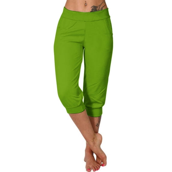 XFLWAM Womens Capri Pants Summer Low Rise Joggers Elastic Waisted Causal Solid Color Yoga Pants Loose Fit Capris with Pockets